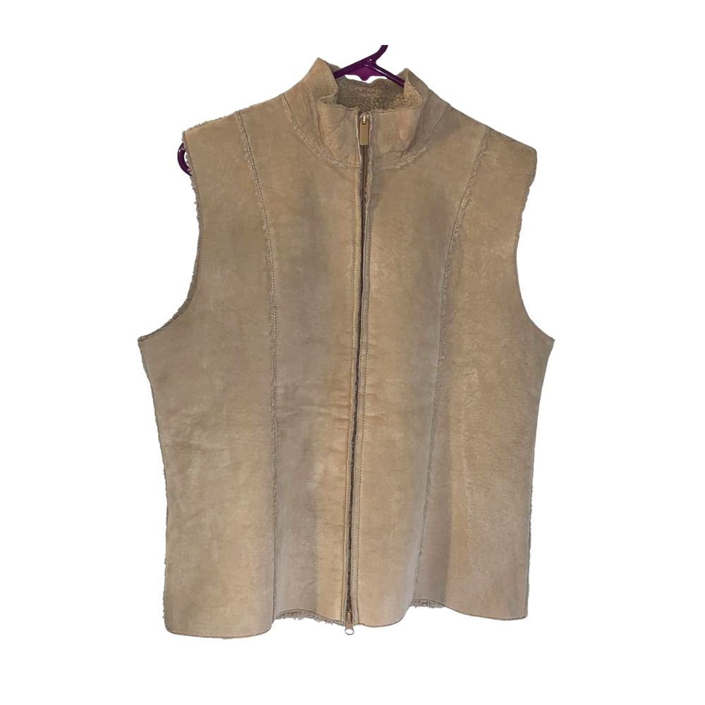 Express Womens Luxe Boho Shearling Lined Suede Vest Size L Tan Full Zip Layering